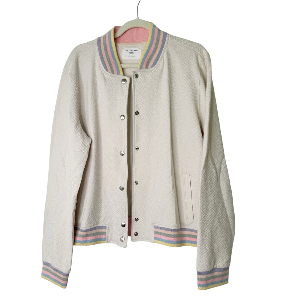NWT SOL ANGELES Quilted Pastel Bomber Jacket in Ecru with rainbow bands XL - Picture 5 of 9